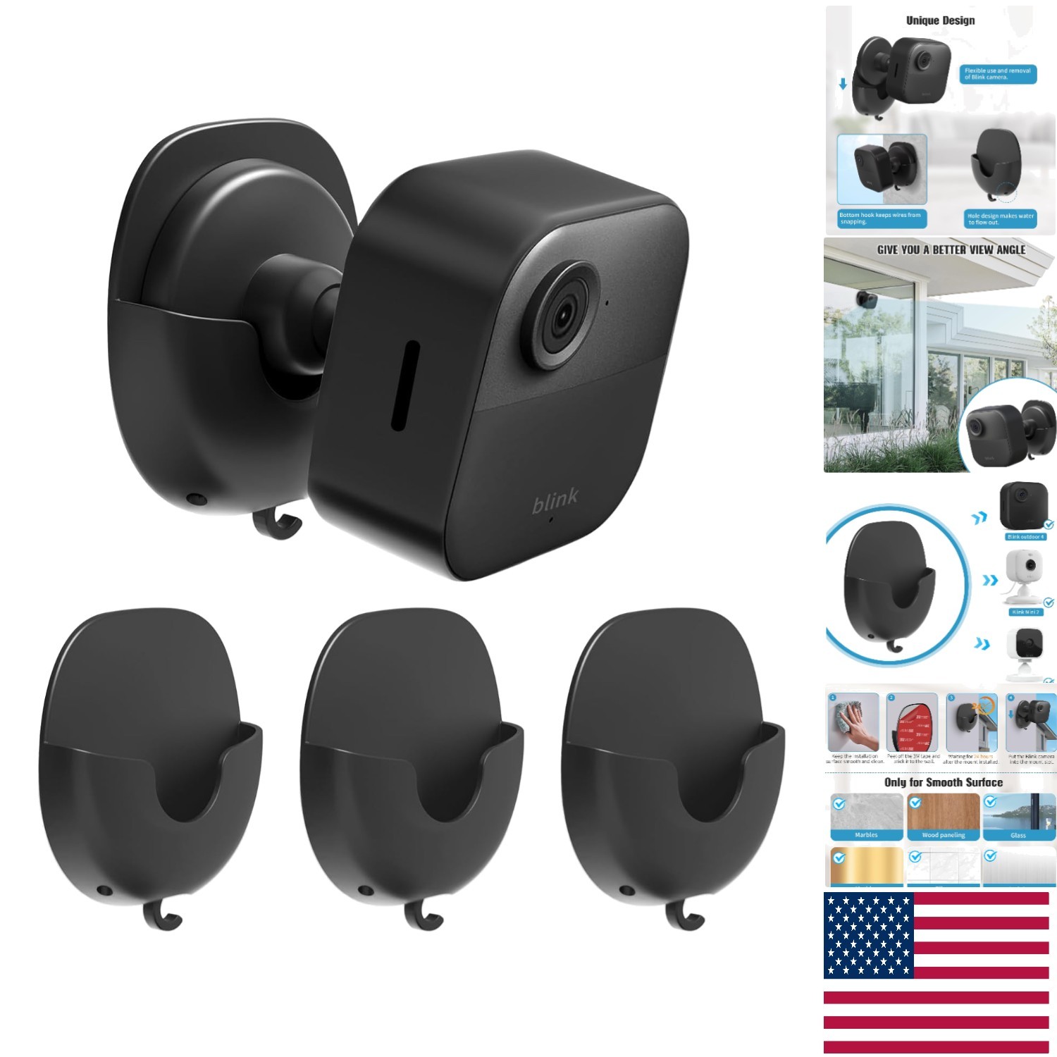 No Drill Blink Camera Mounts - 3-Pack Adhesive Wall Bracket for Flexible Angles