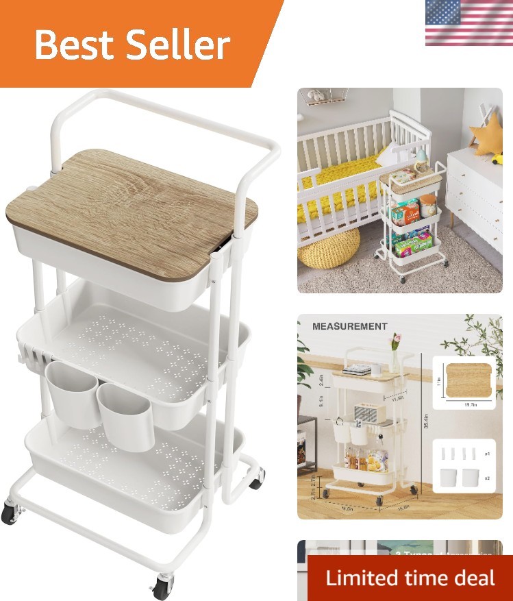 White Rolling Utility Cart with 3 Shelves, Hooks & Locking Wheels for Home Use