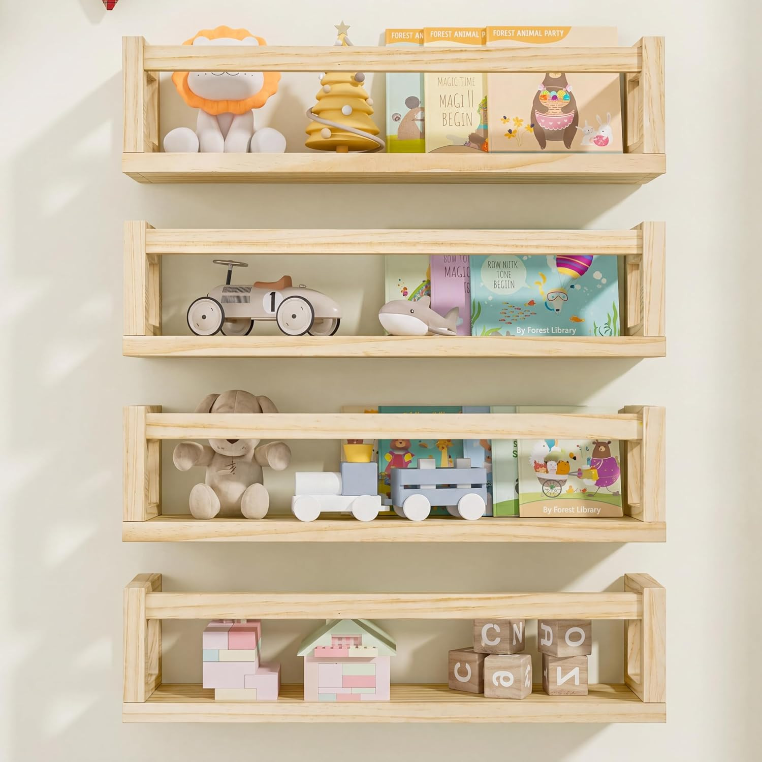 Set of 4 16.5" Solid Wood Floating Bookshelves for Wall | Natural Wood Finish, K