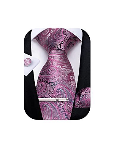 Paisley Ties for Men Silk Necktie and Pocket Square Cufflinks Tie 04 Grey Pink