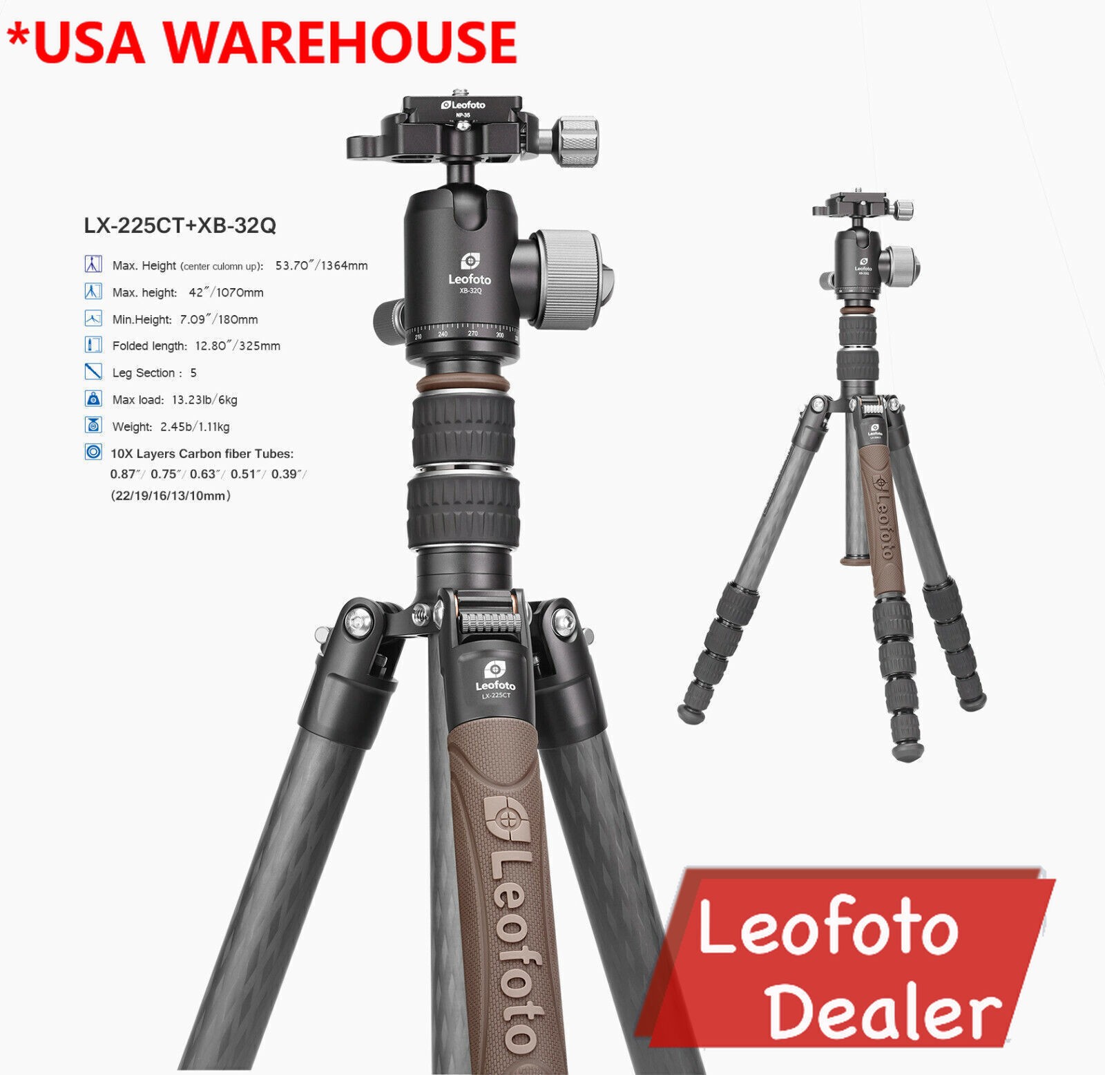 Leofoto LX-225CT + XB-32Q Reversible Travel Tripod with Ball Head