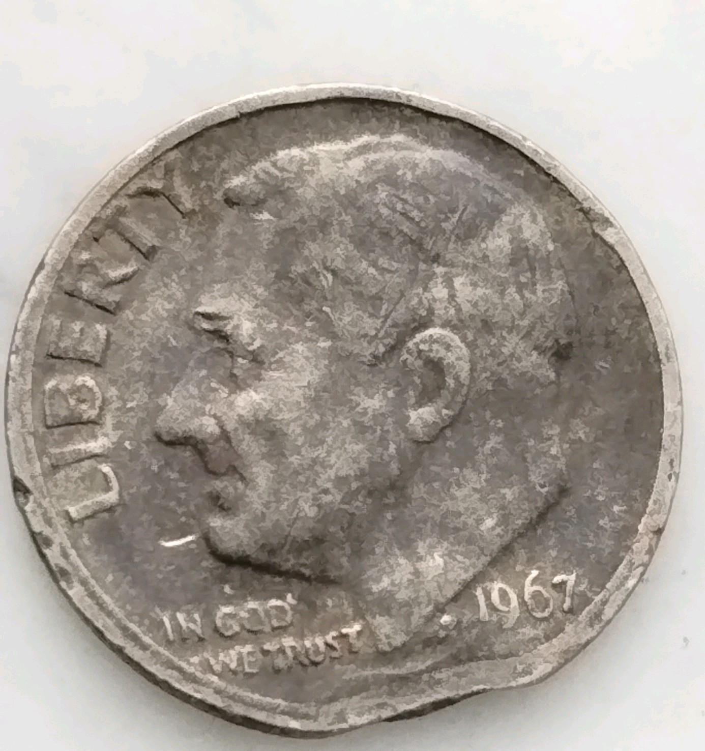 1967 Roosevelt Dime Clipped Planchet Stained Errors