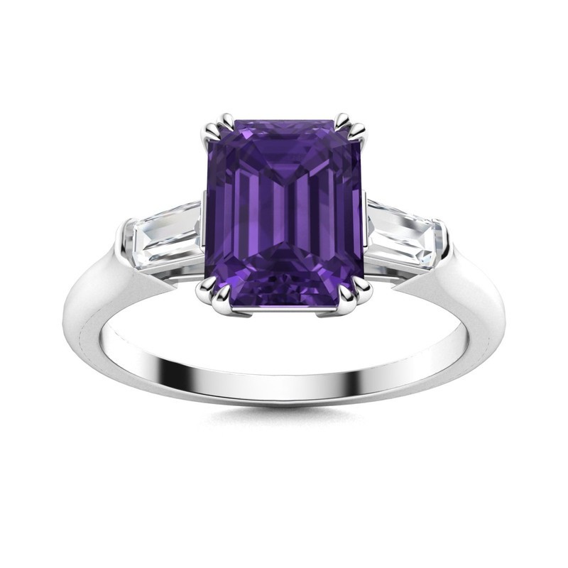 8x6mm Emerald Cut Amethyst Ring 925 Sterling Silver Three Stone Wedding Band