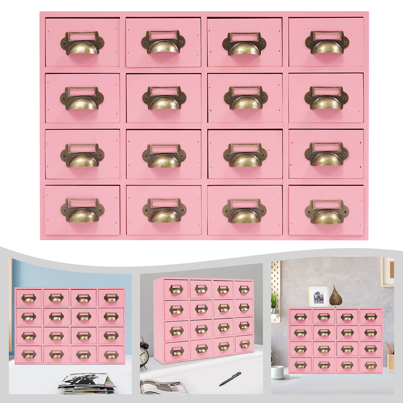 Drawers Storage Cabinet 16 Drawer Cabinet Wooden Medicine Cabinet Pink