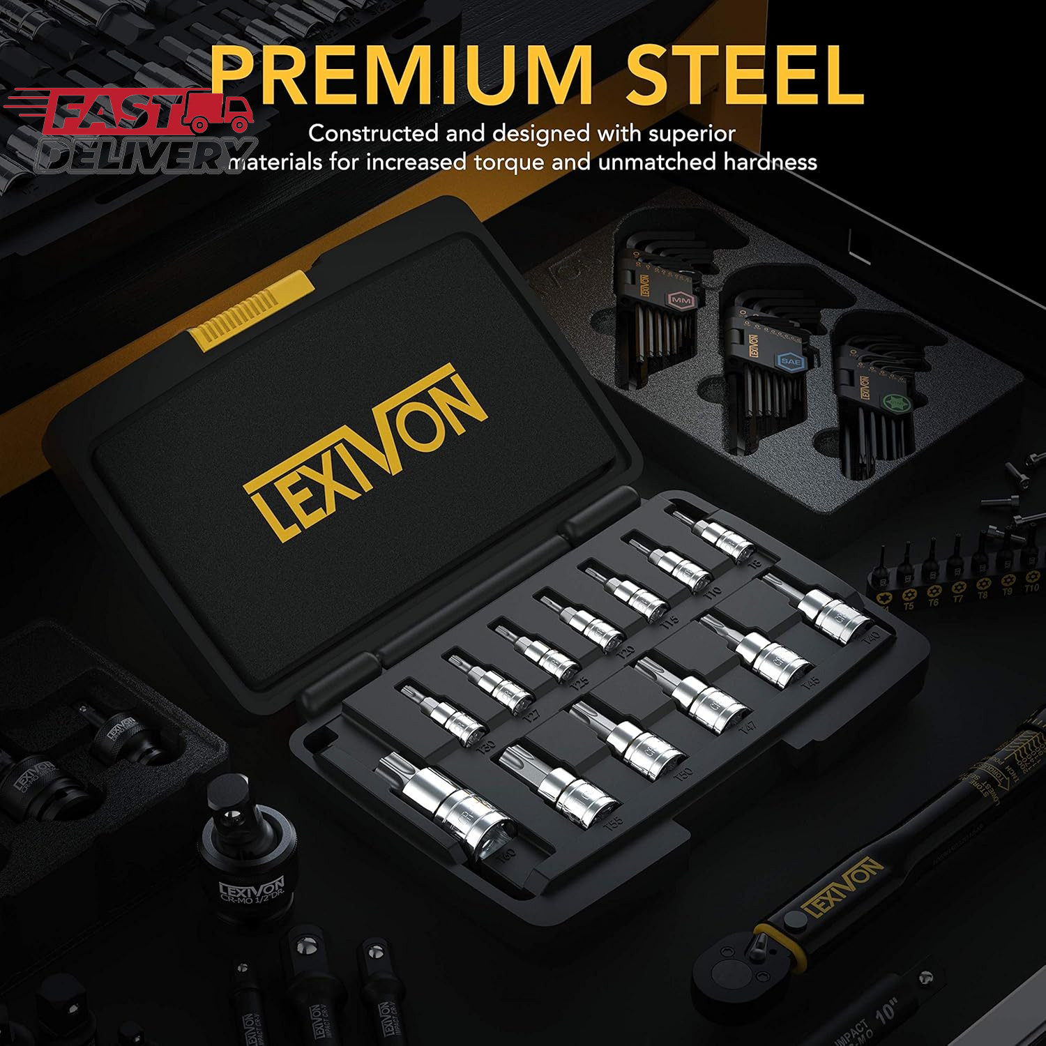 LEXIVON Torx Bit Socket Set, Premium S2 Alloy Steel | 13-Piece Star T8 - T60 Set
