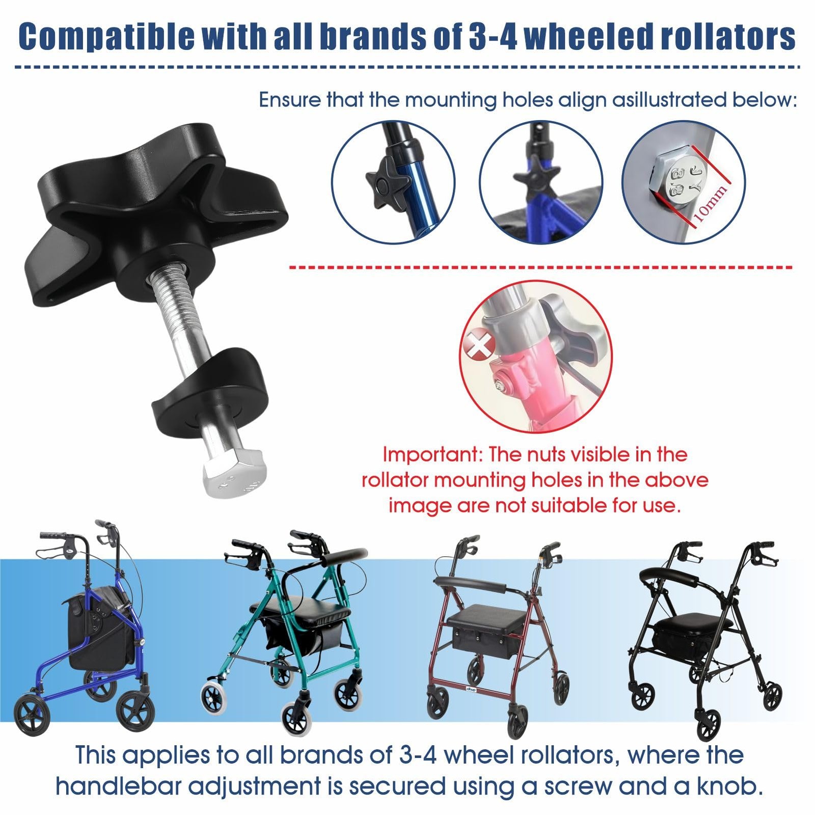 Rollator Walker Replacement Knobs - Arm Height Adjustment Knobs for 3 or 4