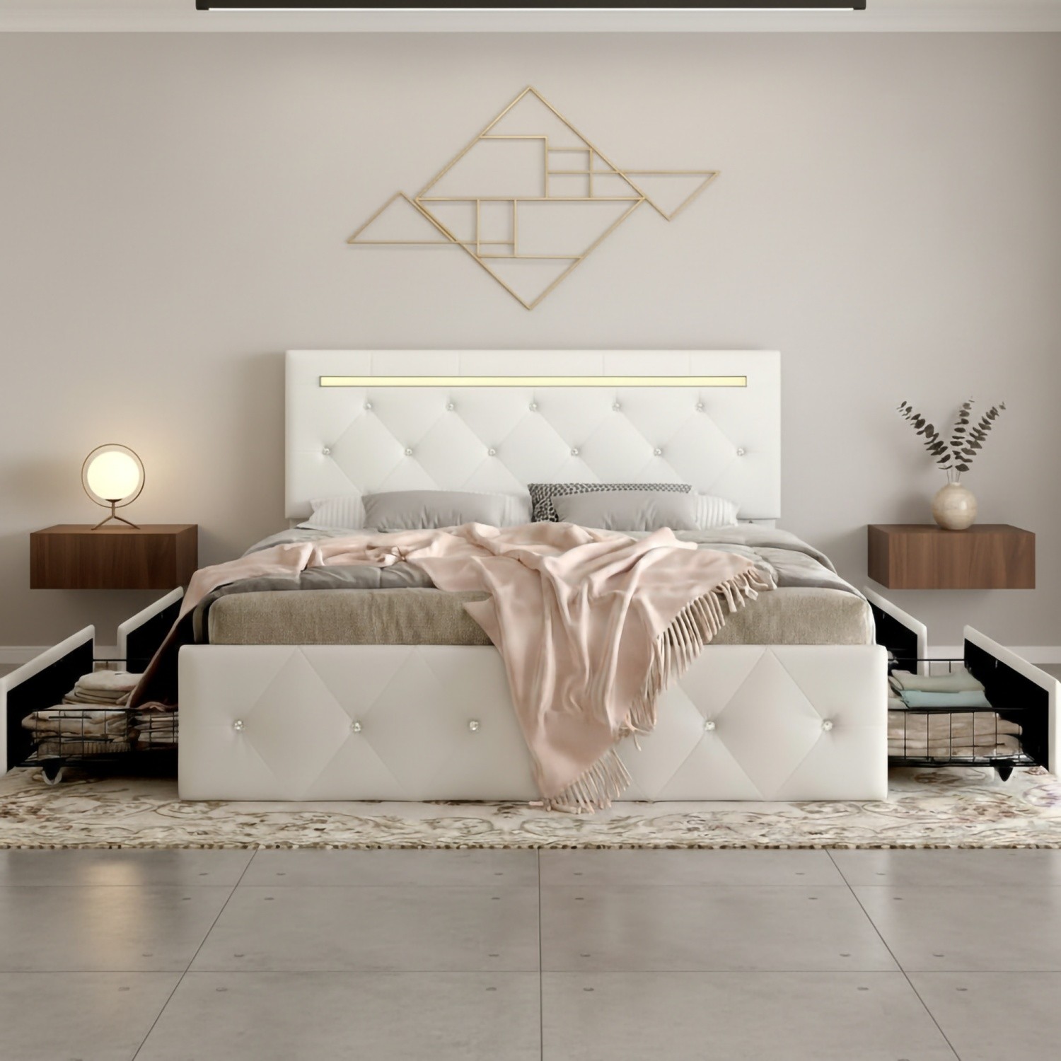 Full Size LED PU Platform Bed w/ 4 Drawers and Adjustable Headboard & USB Port