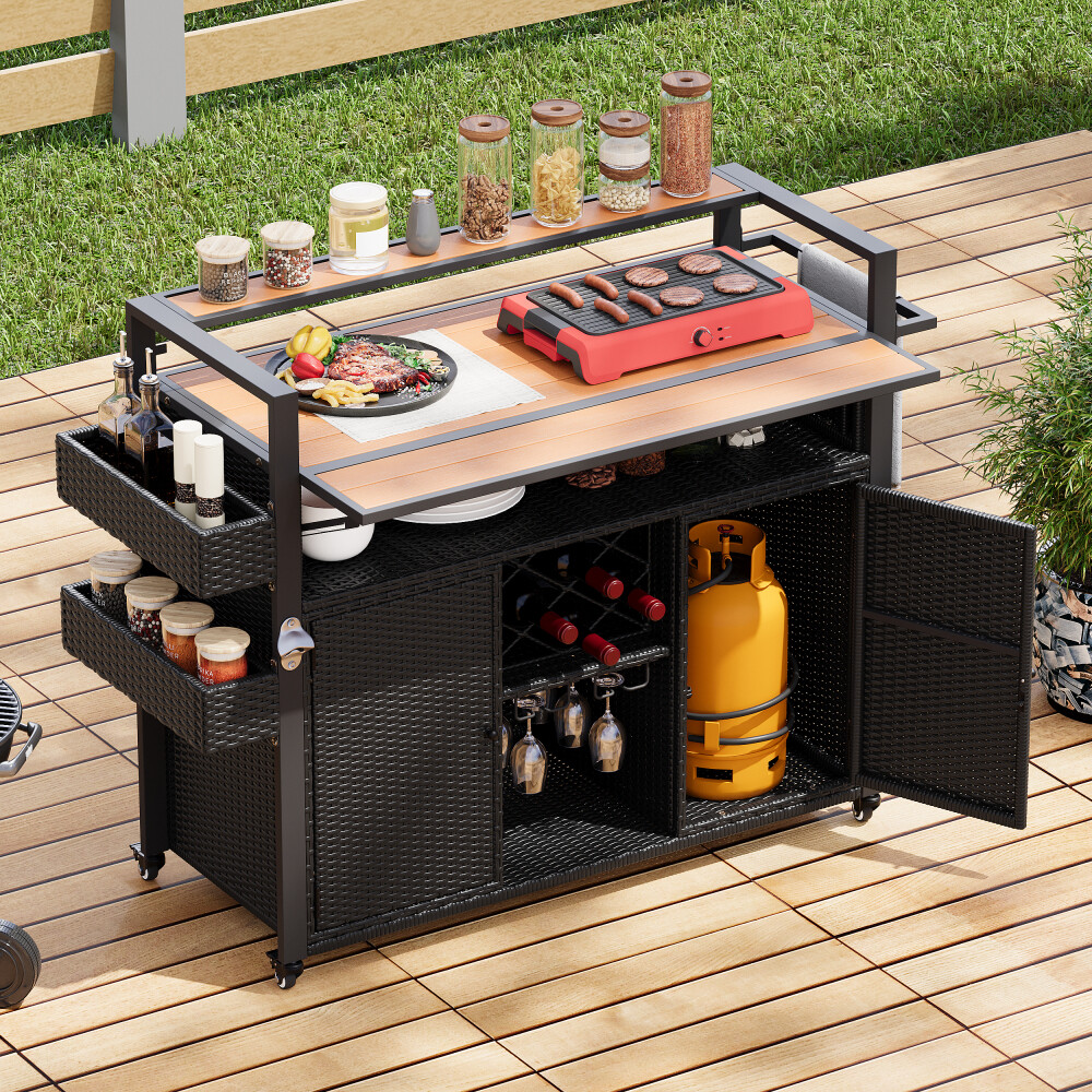 52.8"W Wicker Outdoor Grill Cart Rolling Kitchen Island with Storage Cabinet