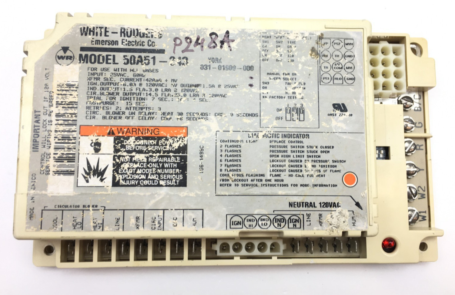 White Rodgers 50A51-243 Furnace Ignition Control Module YORK 031-01909-000 P248A