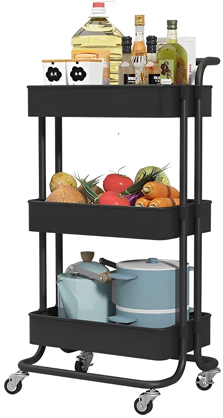 Sooyee 3 Tier Utility Cart,Rolling Cart with Handle and Lockable Wheels, Multi-F