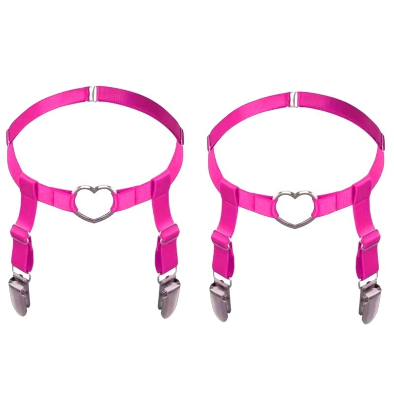 Hot Pink Silver Heart Leg Straps Garter Bridal Candy Raver Festival Cosplay Set