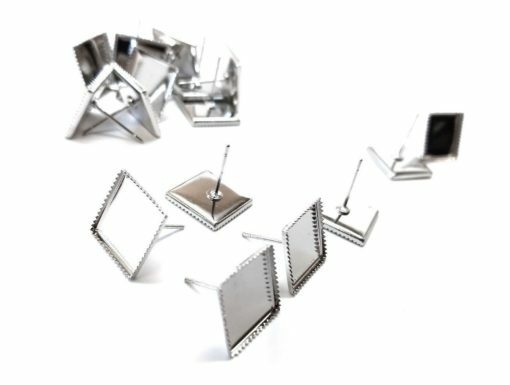 10 pcs. Silver Tone Square Earring Posts Studs Settings Bezels 12mm x 12mm