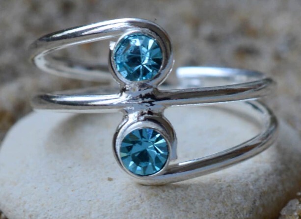 Round Simulated Aquamarine Women's 2 Stone Cute Attractive Toe Ring 925 Silver