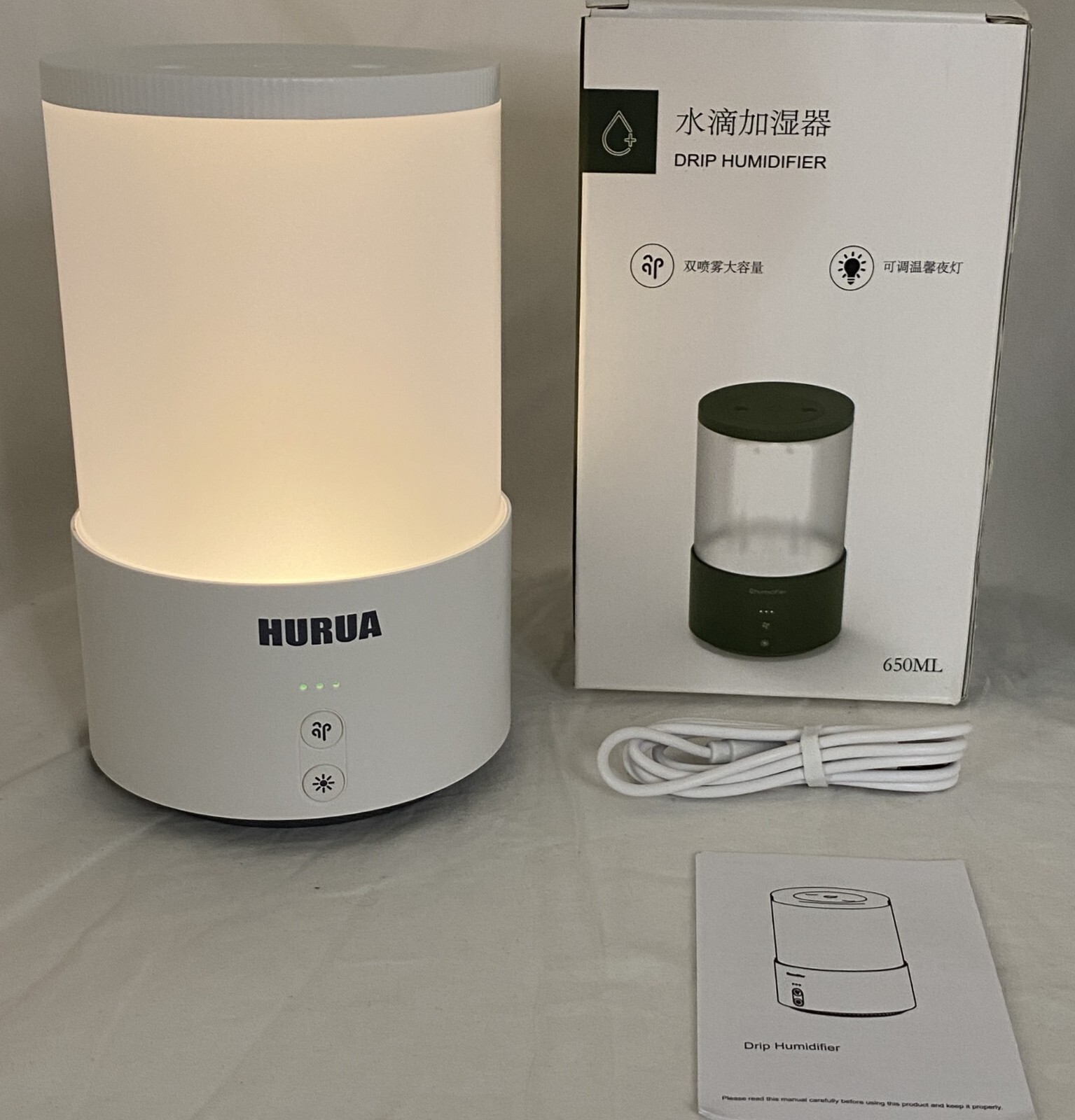 Portable Drip Humidifier- 650ML Adjustable Night Light USB Rechargeable