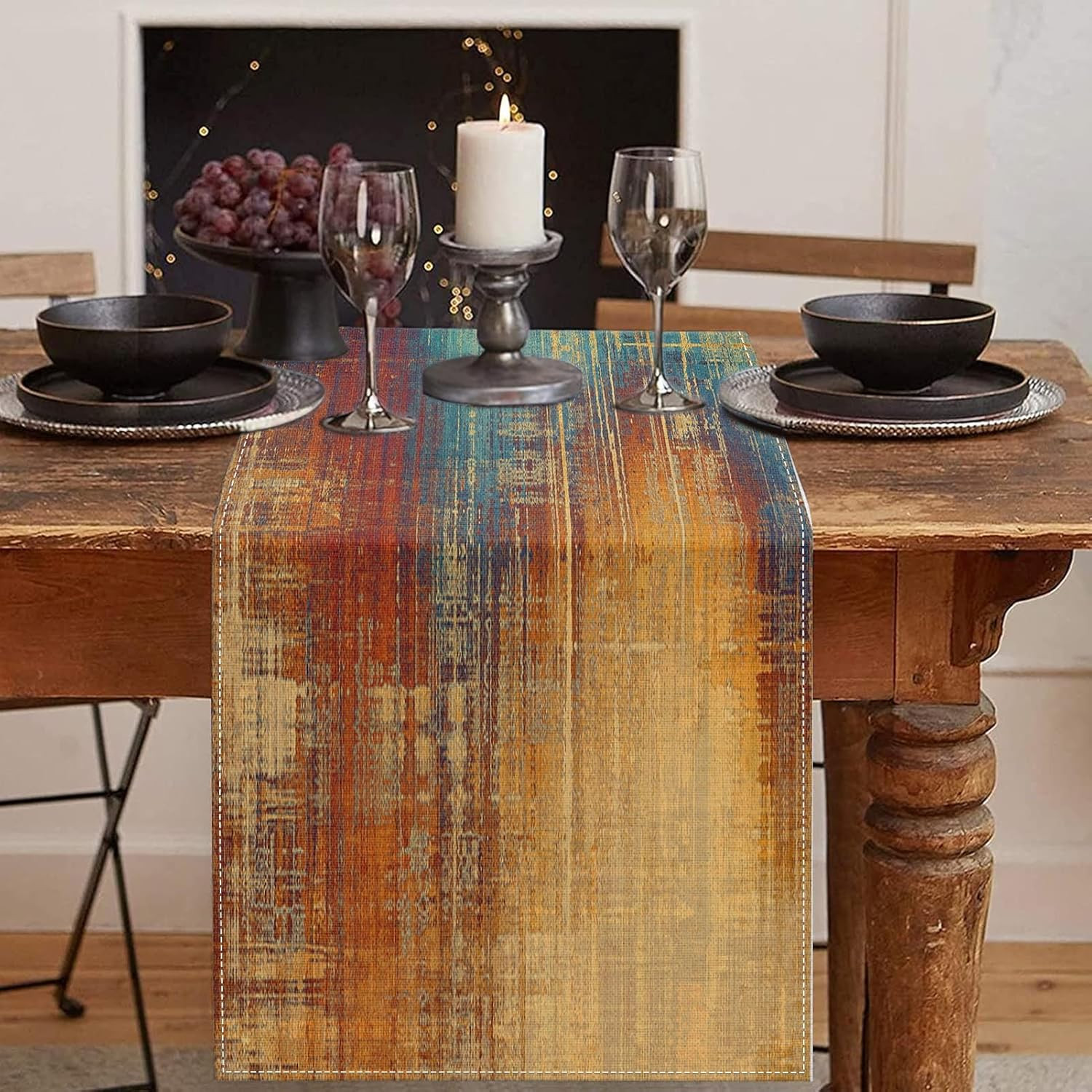 Blue and Orange Table Runner, Vintage Abstract Messy Rust Painting Dining Decor
