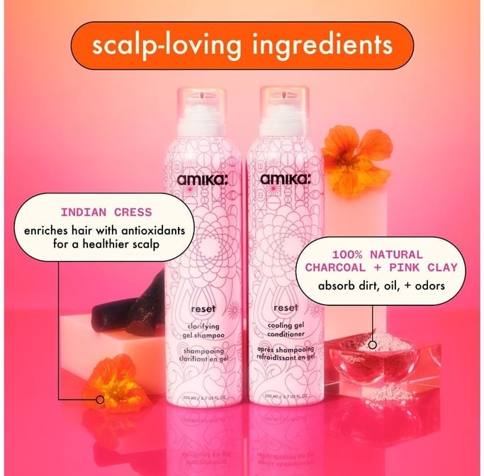 Amika Reset Clarifying Gel Shampoo & Reset Cooling Gel Conditioner 6.7 oz Duo