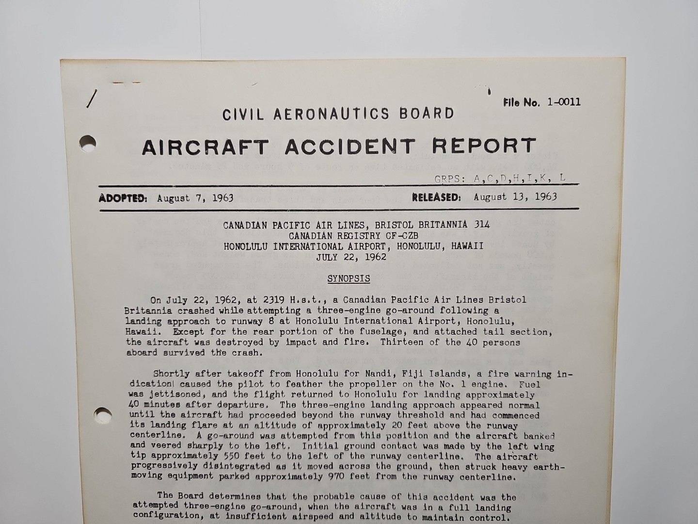 1963 Aircraft Accident Report Canadian Pacific Bristol Britannia 314 Honolulu
