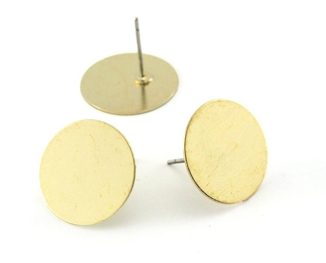 1 pair Round Disc Shape Earring Stud Posts, Raw brass , 16mm 4103