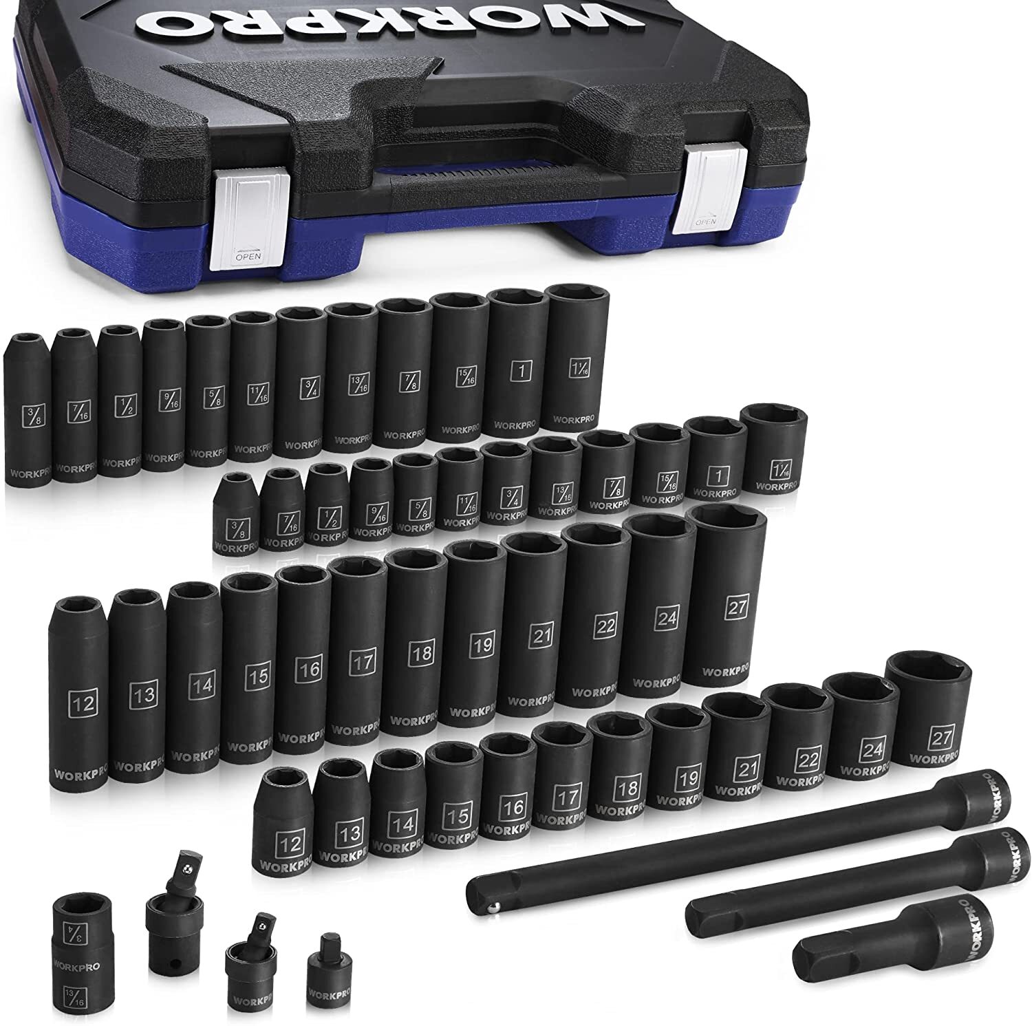 WORKPRO 1/2" Drive Impact Socket Set with Extension Bars Premium Cr-V Steel USA