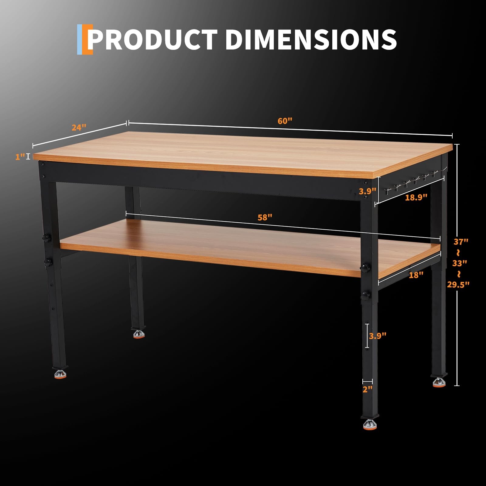 60" Adjustable Height Workbench 2500LBS Work Table w/Power Outlet ,Storage Shelf