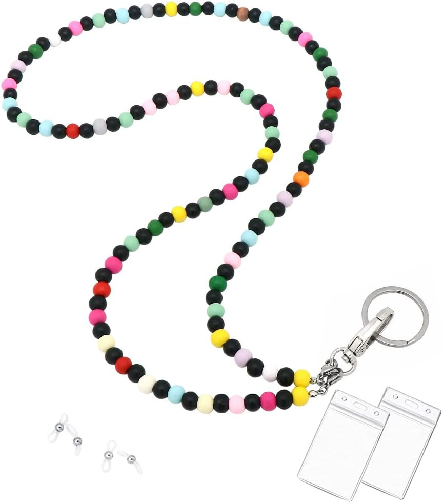 Lanyard with Id Holder, Teacher Lanyard Beaded Wood Lanyard for Keys Neck for Wo