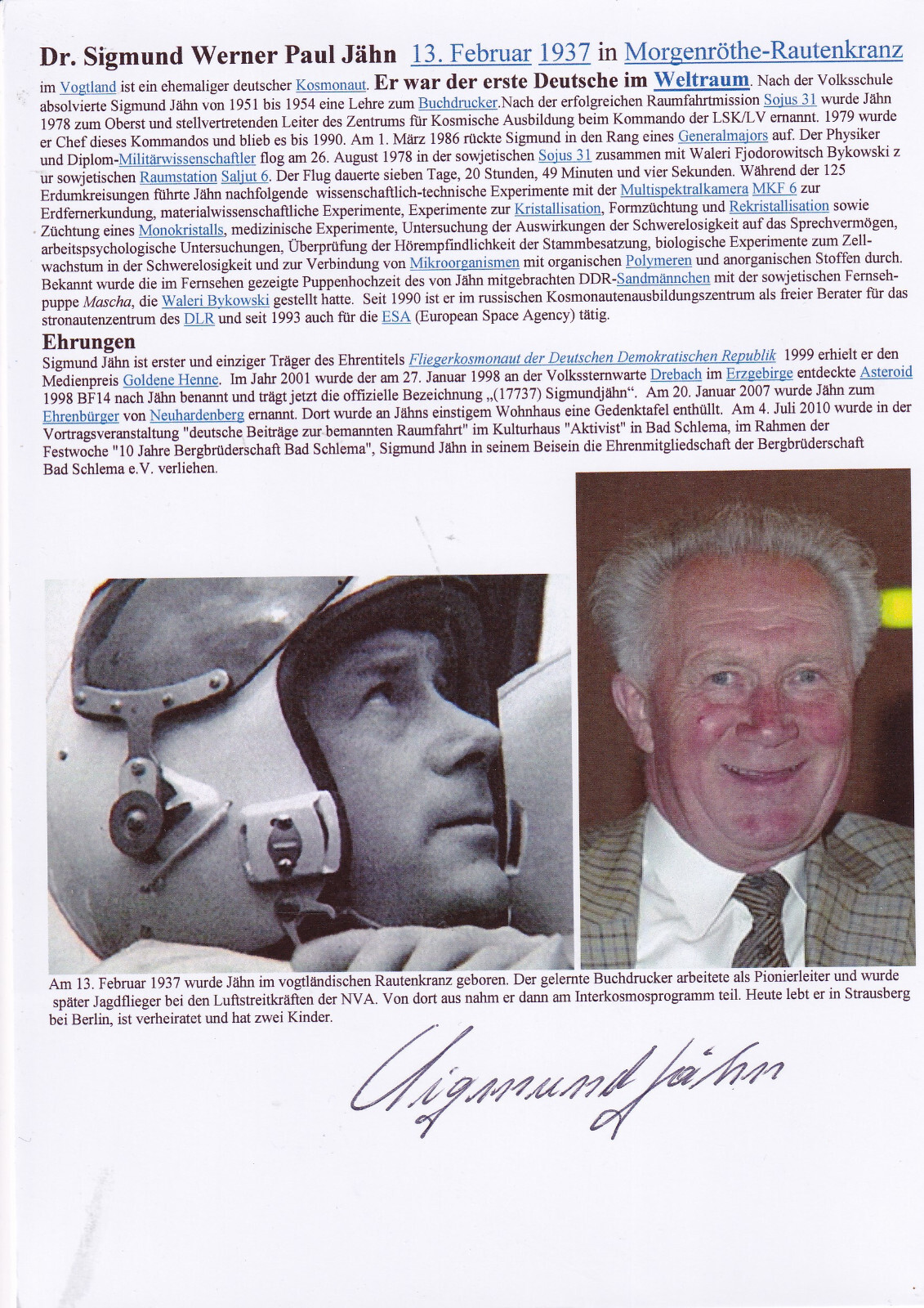 Autograph - Dr. Siegmund Jähn (space travel)
