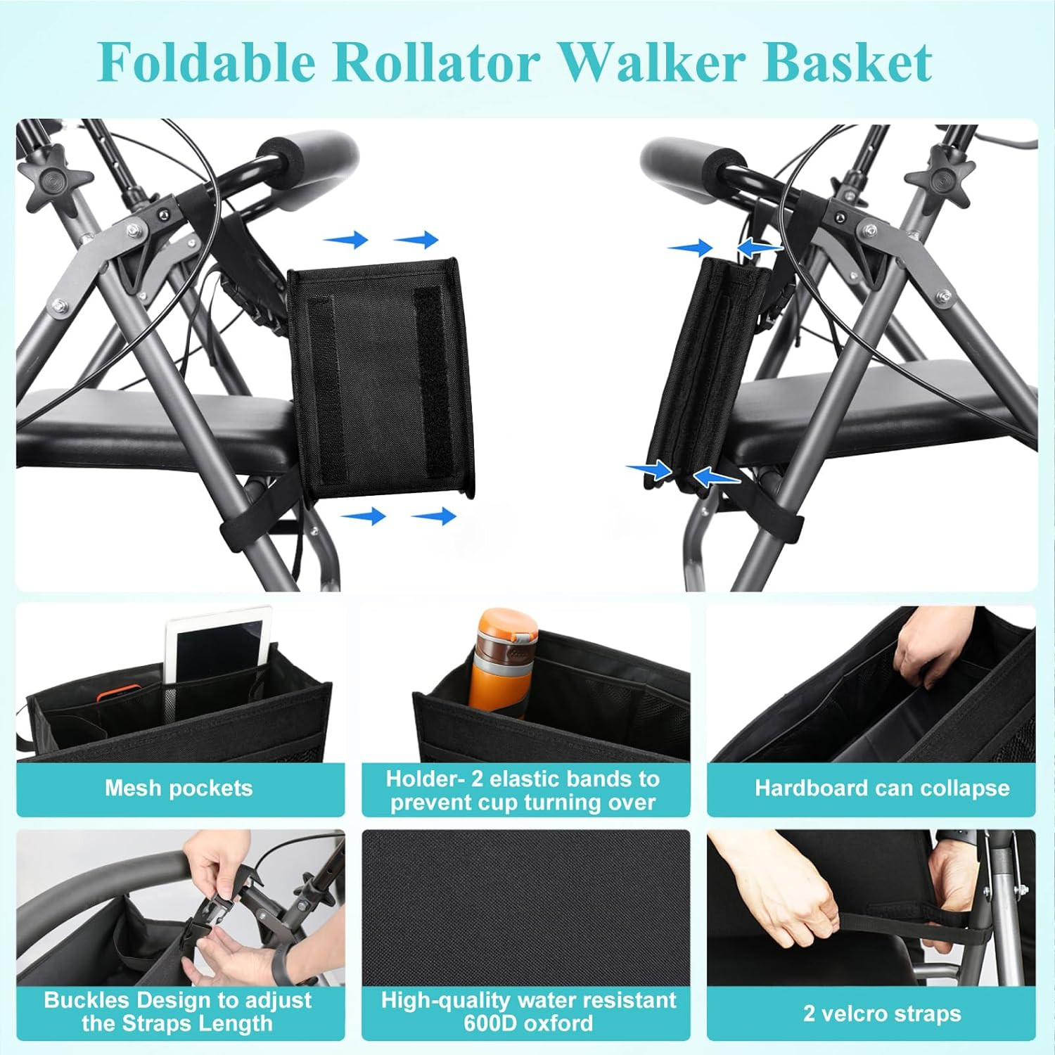 Dotday Rollator Basket, Rollator Walker Bag with Cup Holder, Folding Rollator Wa