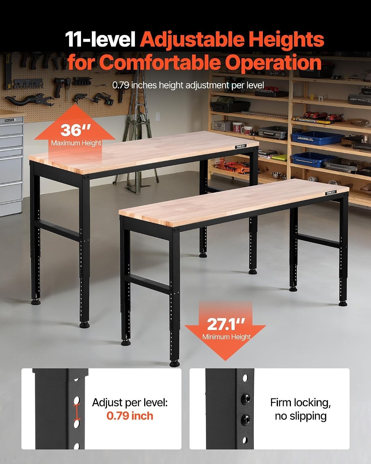 Sturdy 2000 lbs Capacity Workbench – 61 x 20-inch Height Adjustable with Outlets