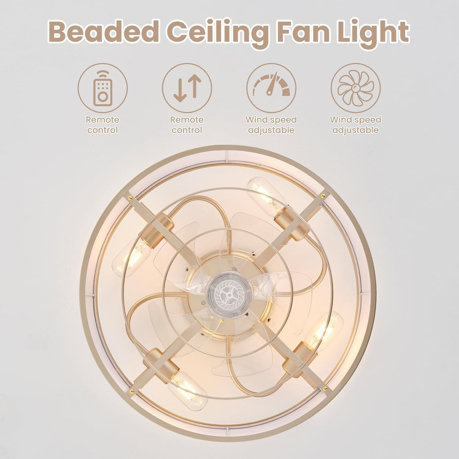 20 Inch Boho Ceiling Fan with Light, Low Profile Flush Mount Caged Ceiling Fan,