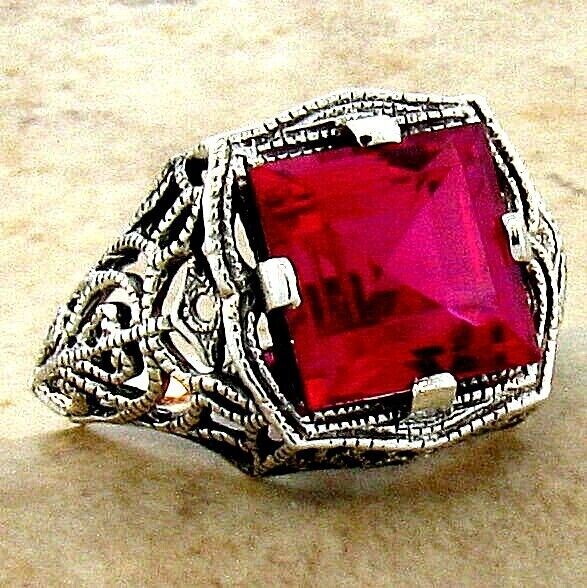 DECO ANTIQUE STYLE 925 STERLING SILVER 5 CT LAB-CREATED RUBY FILIGREE RING #109