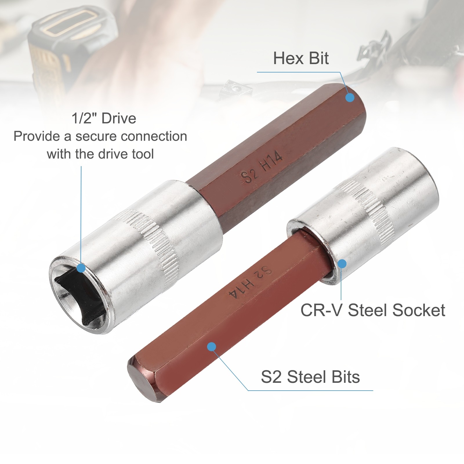 2Pcs Hex Bit Socket H14 1/2" Drive 4" Length S2 Steel Long Bit CR-V Socket
