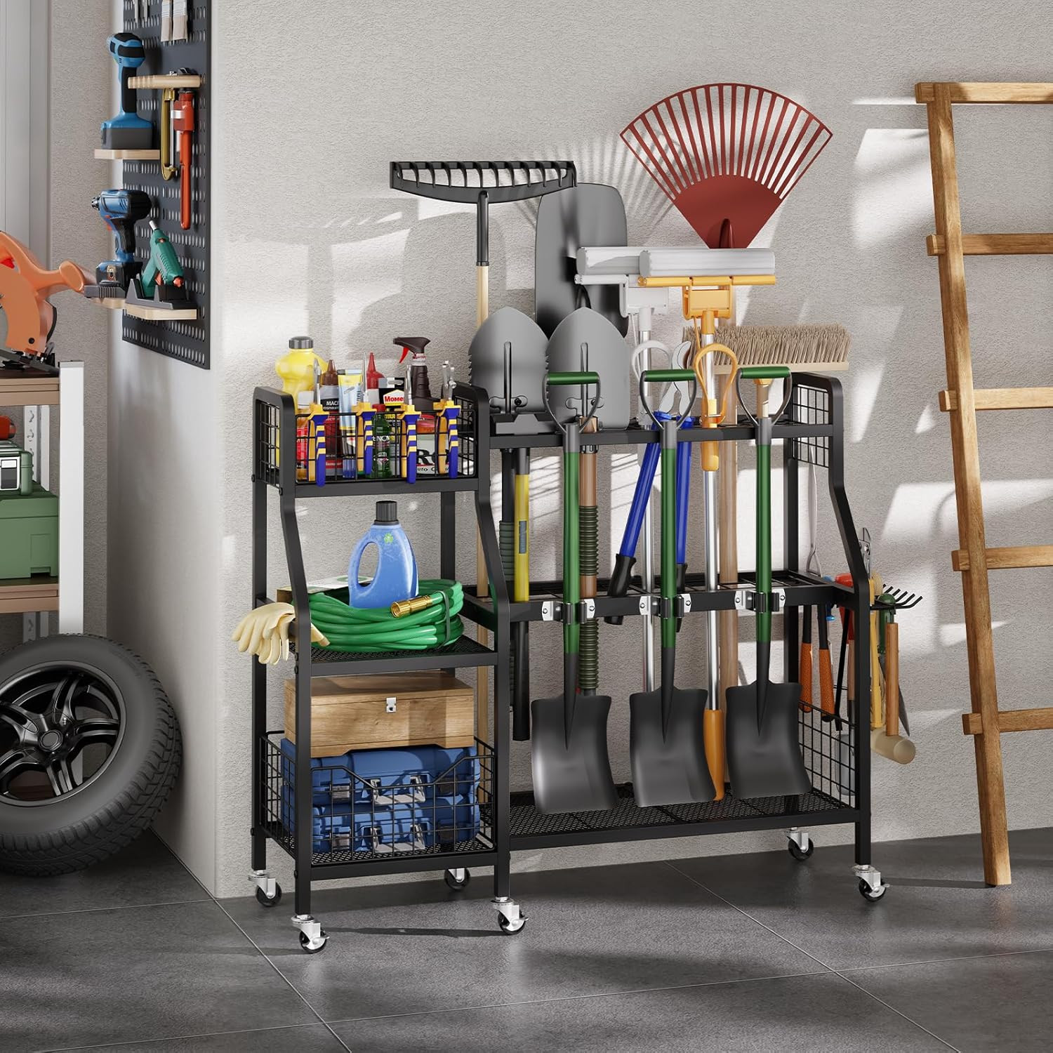 Garden Tool Organizer with 6 Wheels(3 Lockable), Heavy Duty Yard Tool Organizer
