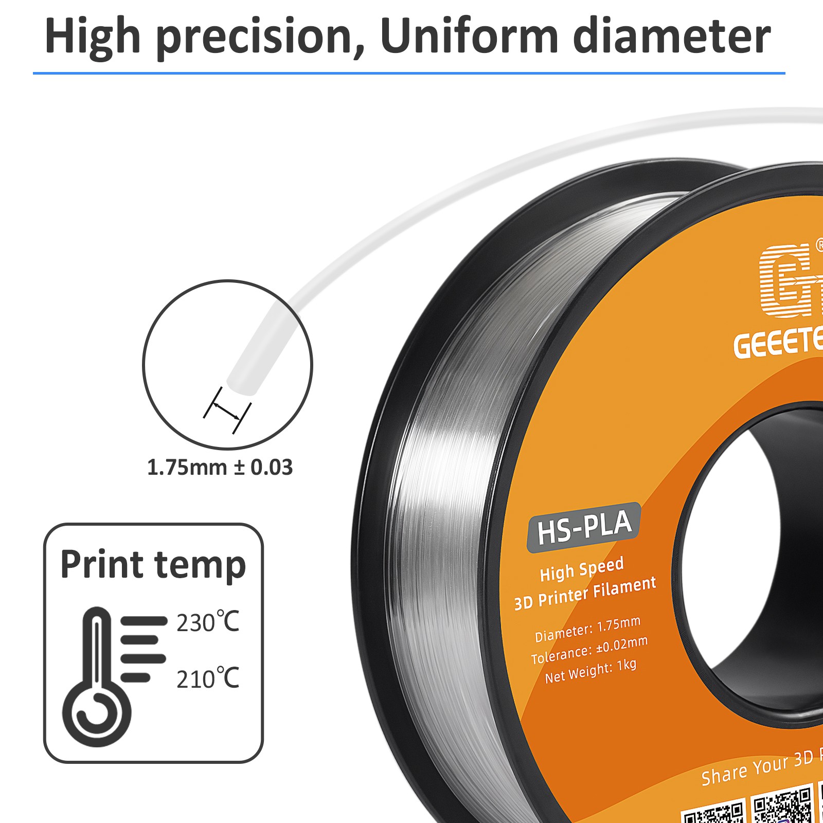 Geeetech 3D Printer Filament HS-PLA Transparent 1.75mm 1KG Printer Consumables