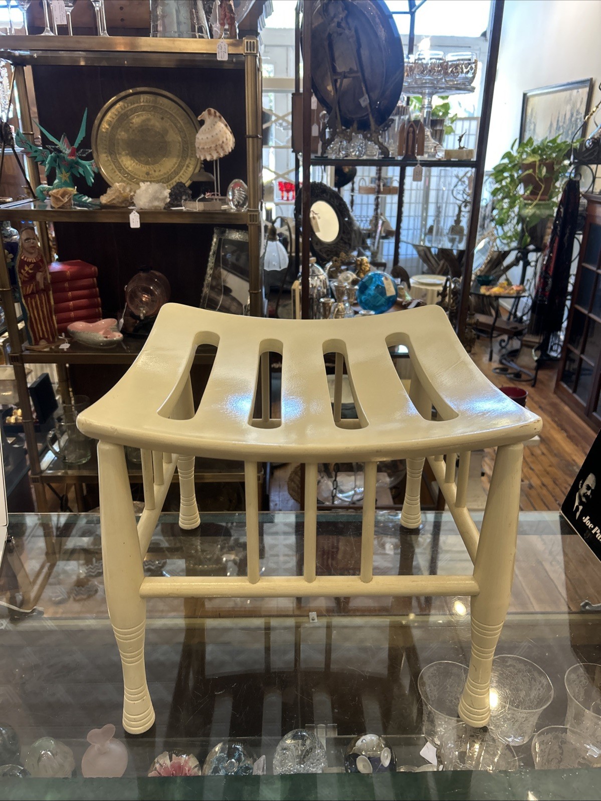 Vintage Solid Wood White Lacquer Thebes Stool Egyptian Revival Arts & Crafts