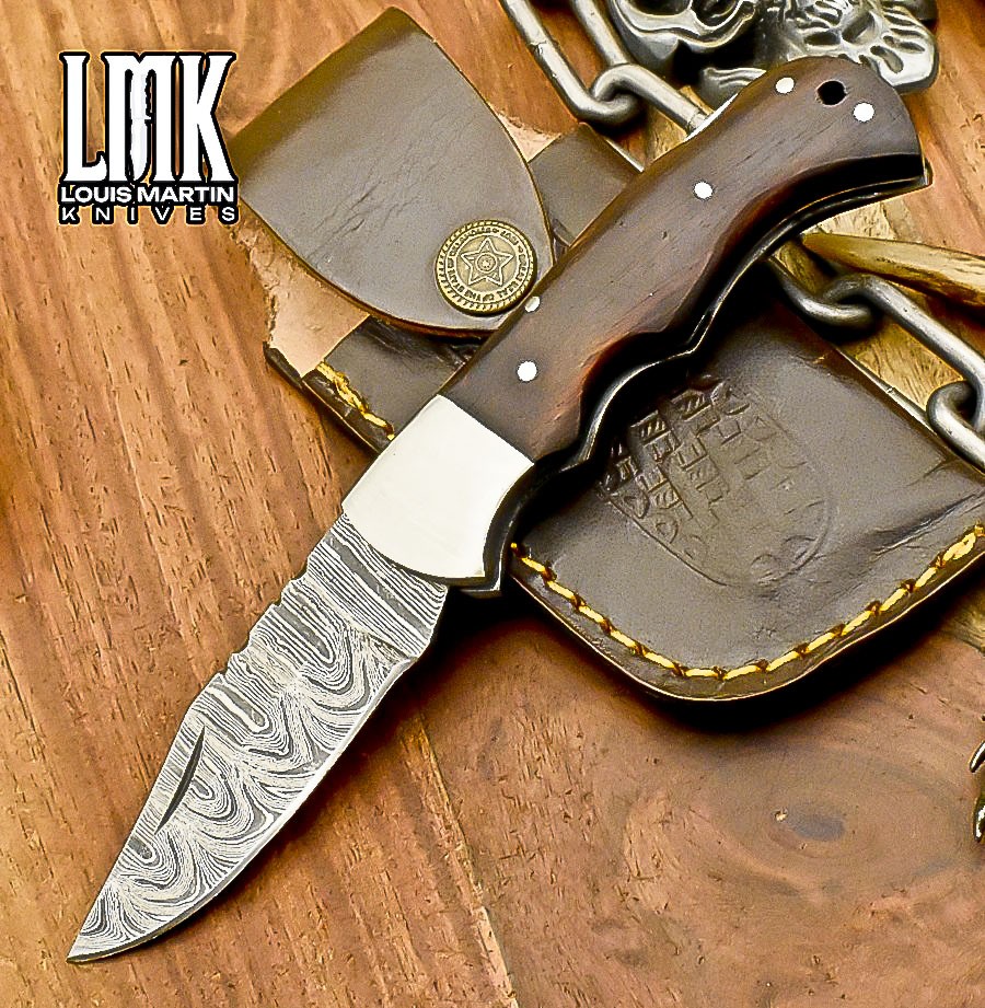 LMK Handmade Twist Damascus Folding Knife Walnut Wood Back Lock EDC