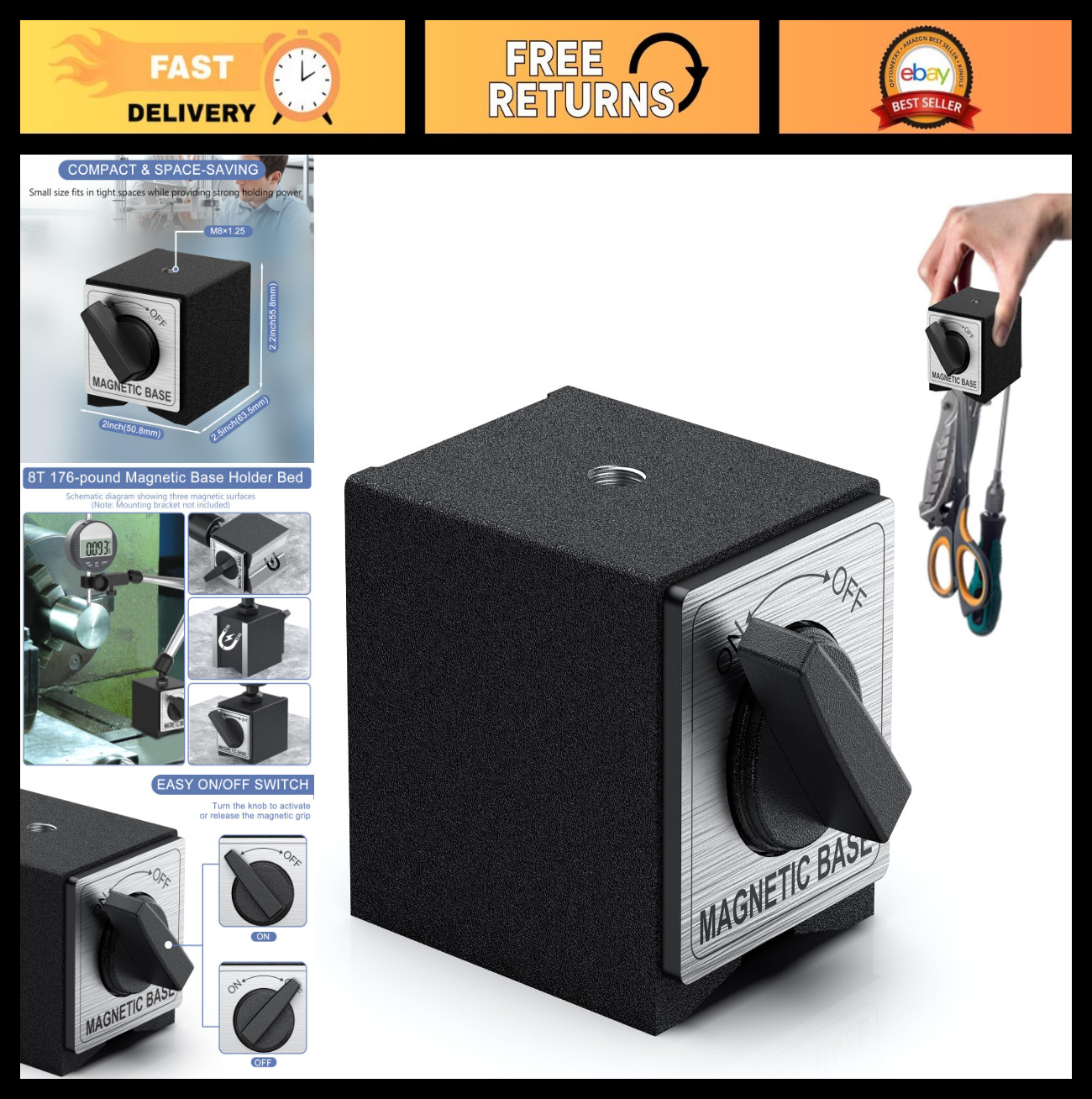 Magnetic Base Holder with 8T On/Off Switch - 176 Lbs Holding Power, Switchable S