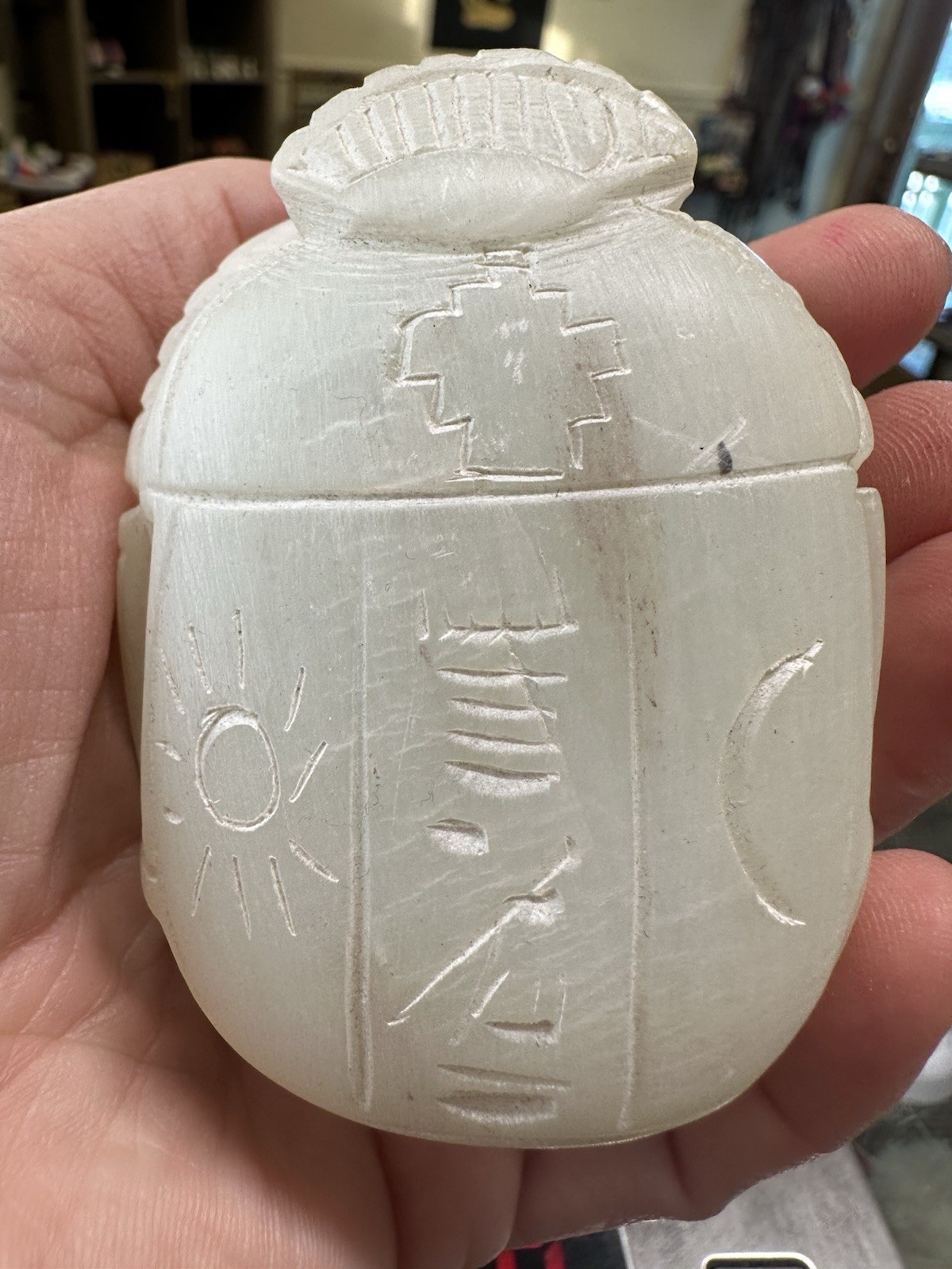 Caliza Scarab Carved- Egyptian W/Peru Andean Cavings Of Chacana - Sun & Moon-