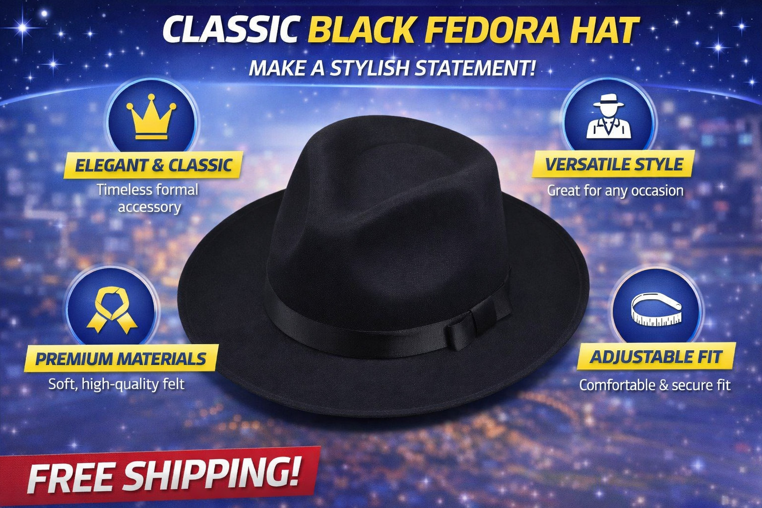 Black Fedora Hat with Removable Belt – Adjustable & Stylish
