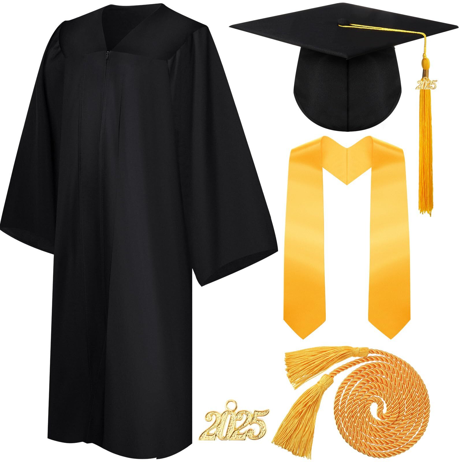 4 Pieces 2025 Unisex Graduation Matte Gown Cap Tassel Stole Set Honor Cord