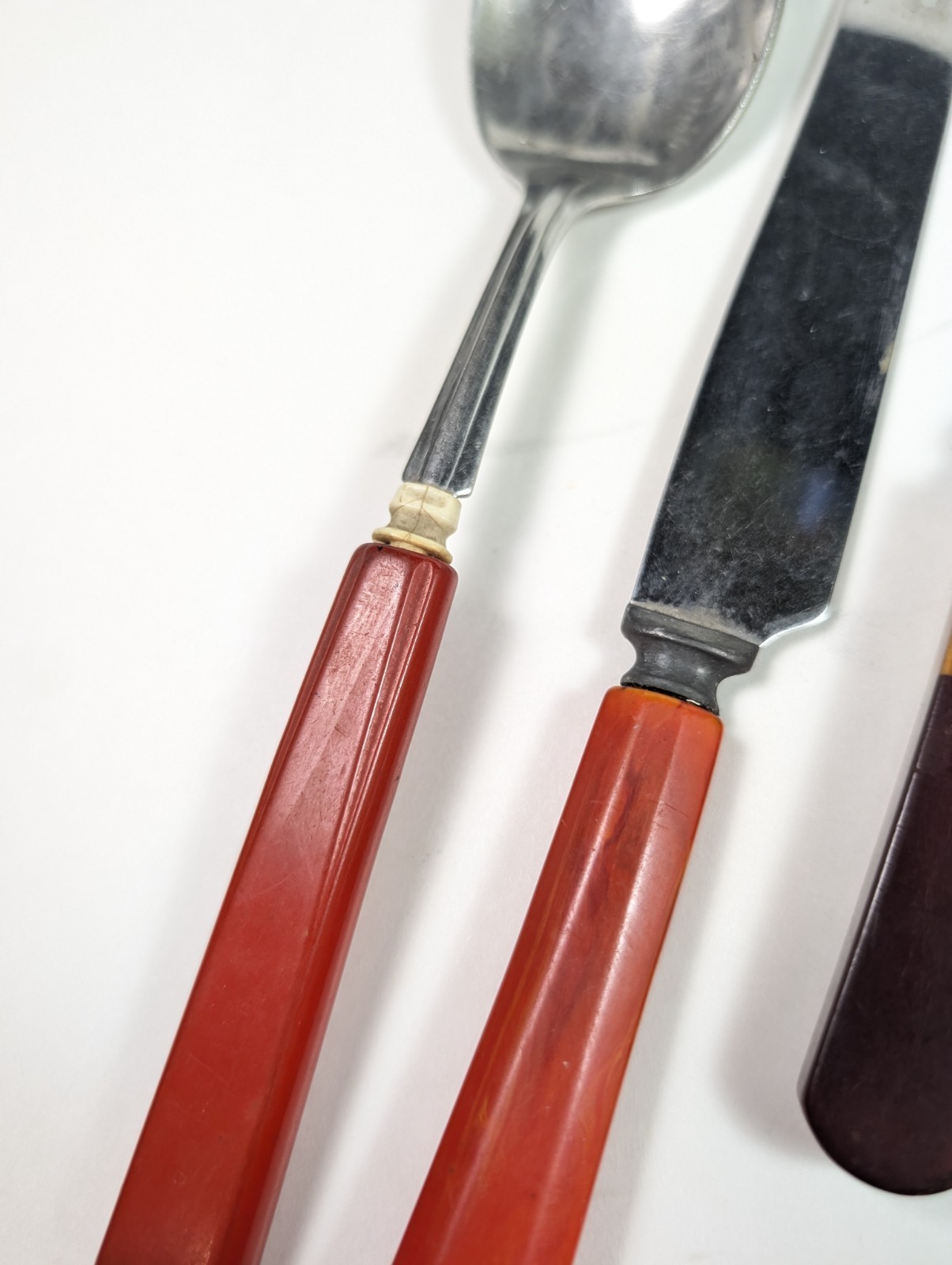 Red Bakelite Flatware Set Two Tone Cherry Red Amber 5 Piece Spoon Knife