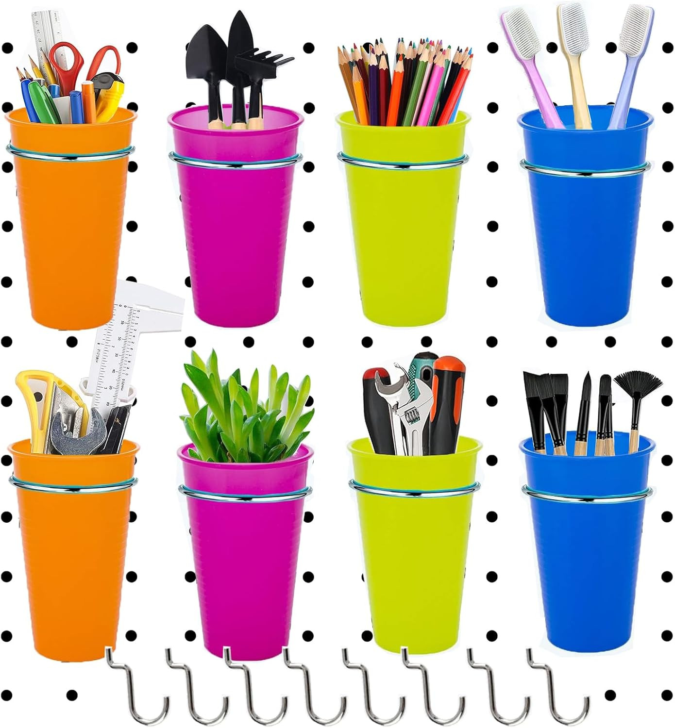 Pegboard Cups Organizer 24 Piece Set 8 Bins Rings Hooks Garage Craft Storage