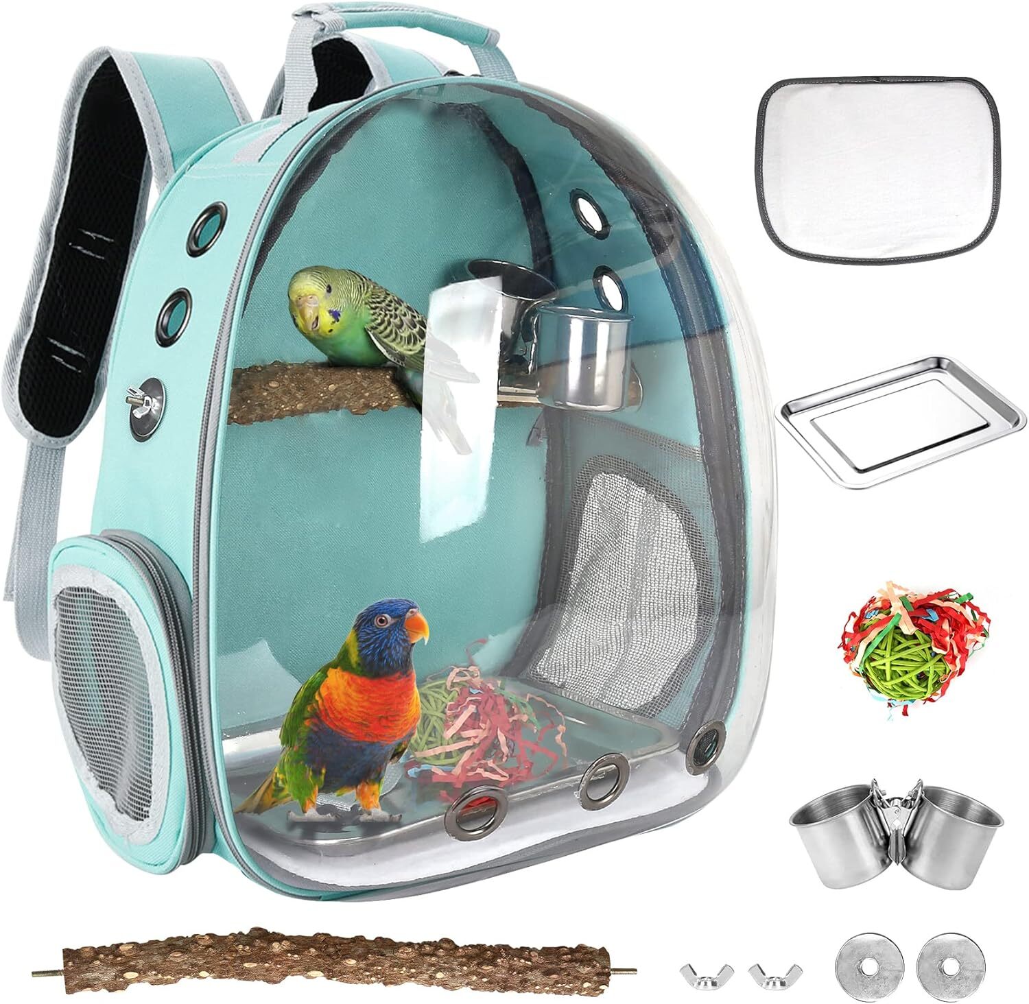 Mochila transportadora para aves con percha y comedero de acero