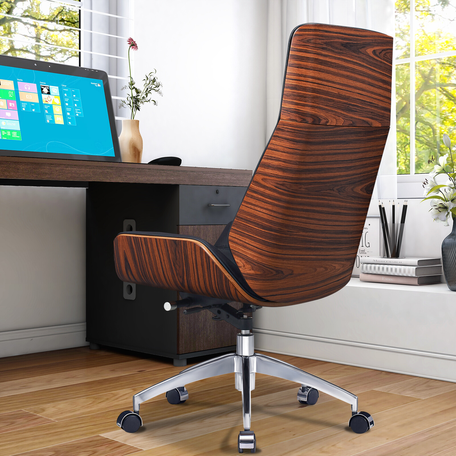 Light Rosewood Office Chair Ergonomic Armless Chair Genuine Leather Desk Chair
