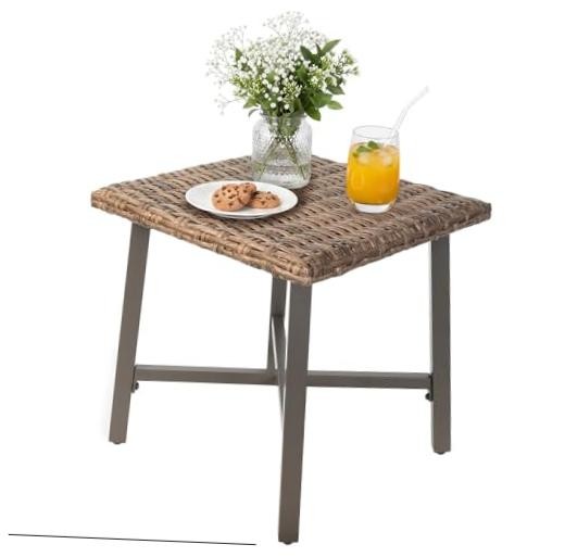 Rattan Side Table for Outdoor, Small Patio Table for Porch Garden Deck | Grey