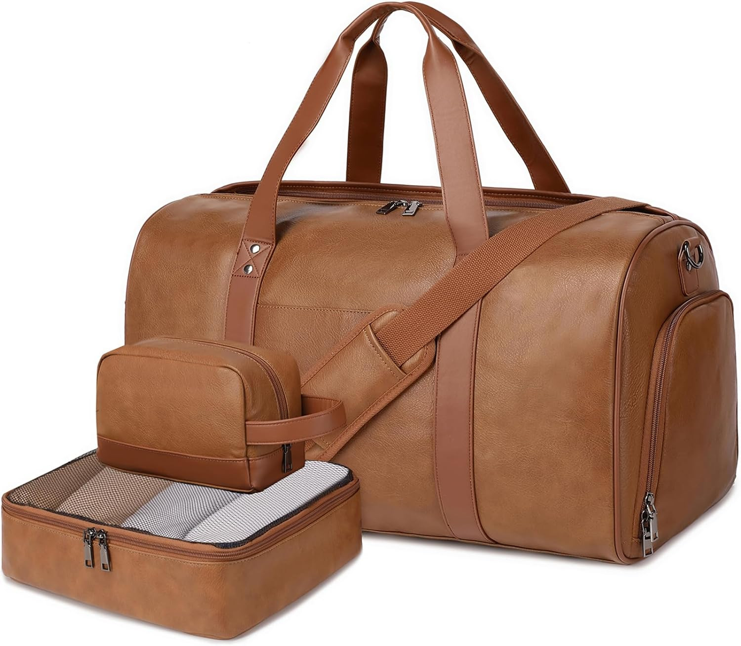 3PCS Faux Leather Weekender Bag for Women Men Large Overnight Bags Travel Duffel