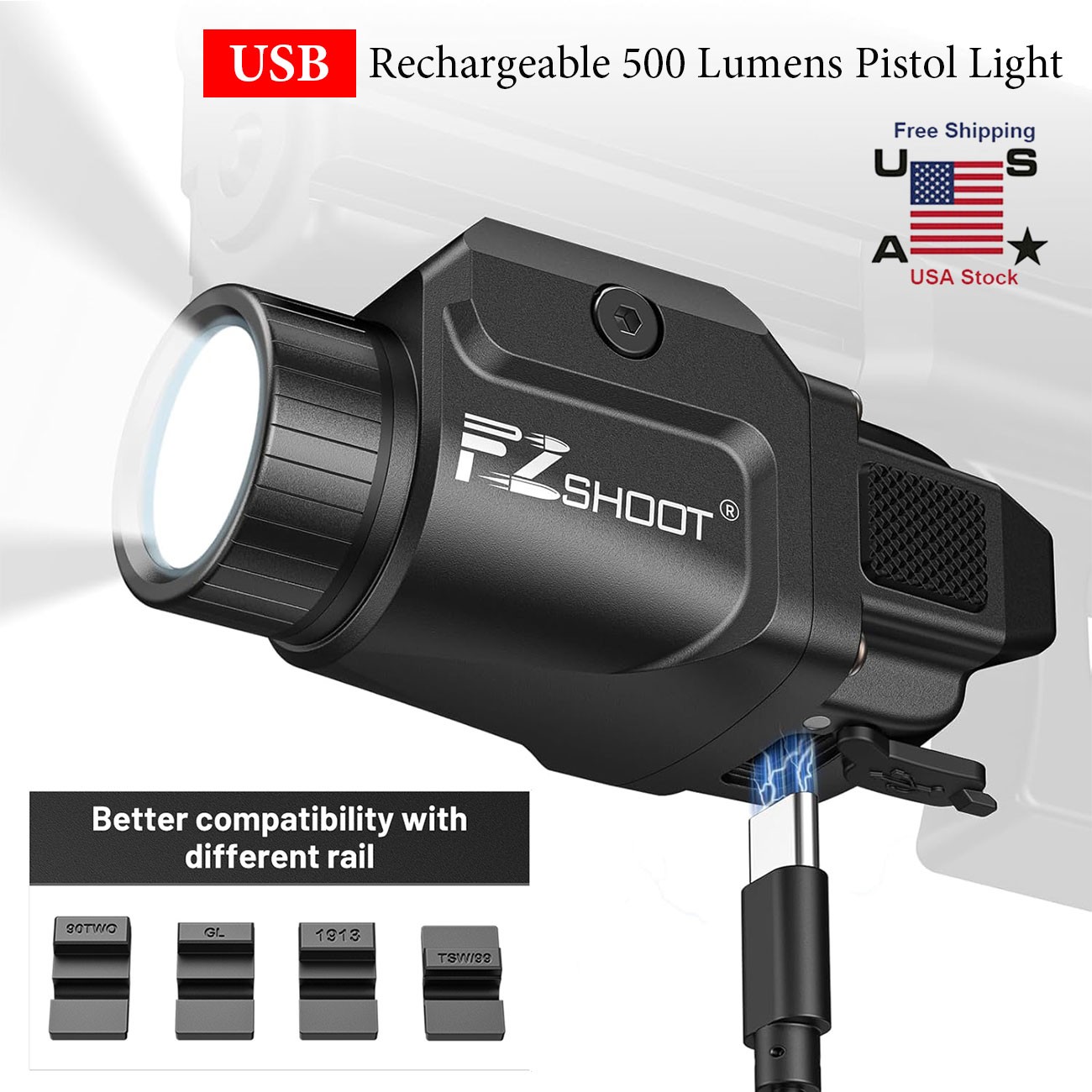 500 Lumens Pistol Flashlight Rechargeable LED Gun Light For 90TWO/GL/1913/TSW/99