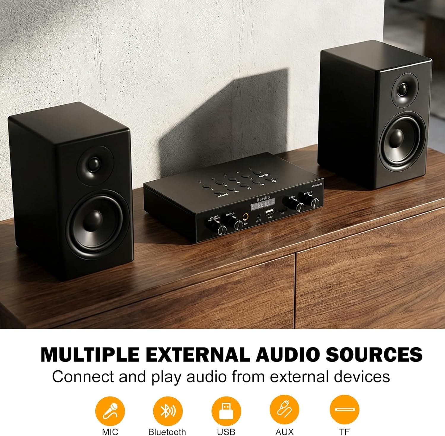 Herdio 8-Channel Amplifier Bluetooth Bass Treble Control for Passive Speakers