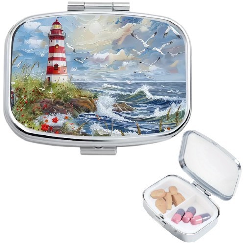Square Pill Box 2 Compartment Seaside Lighthouse Design For Travel or Home Use
