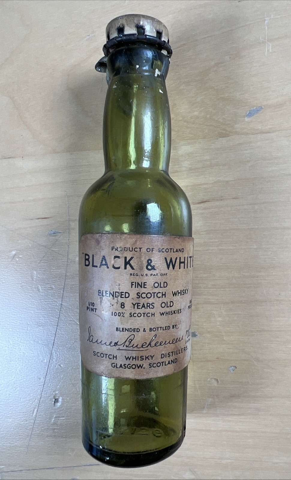 Black & White Scotch Antique Mini Whiskey Bottle Spring Top  1/10th Pt.