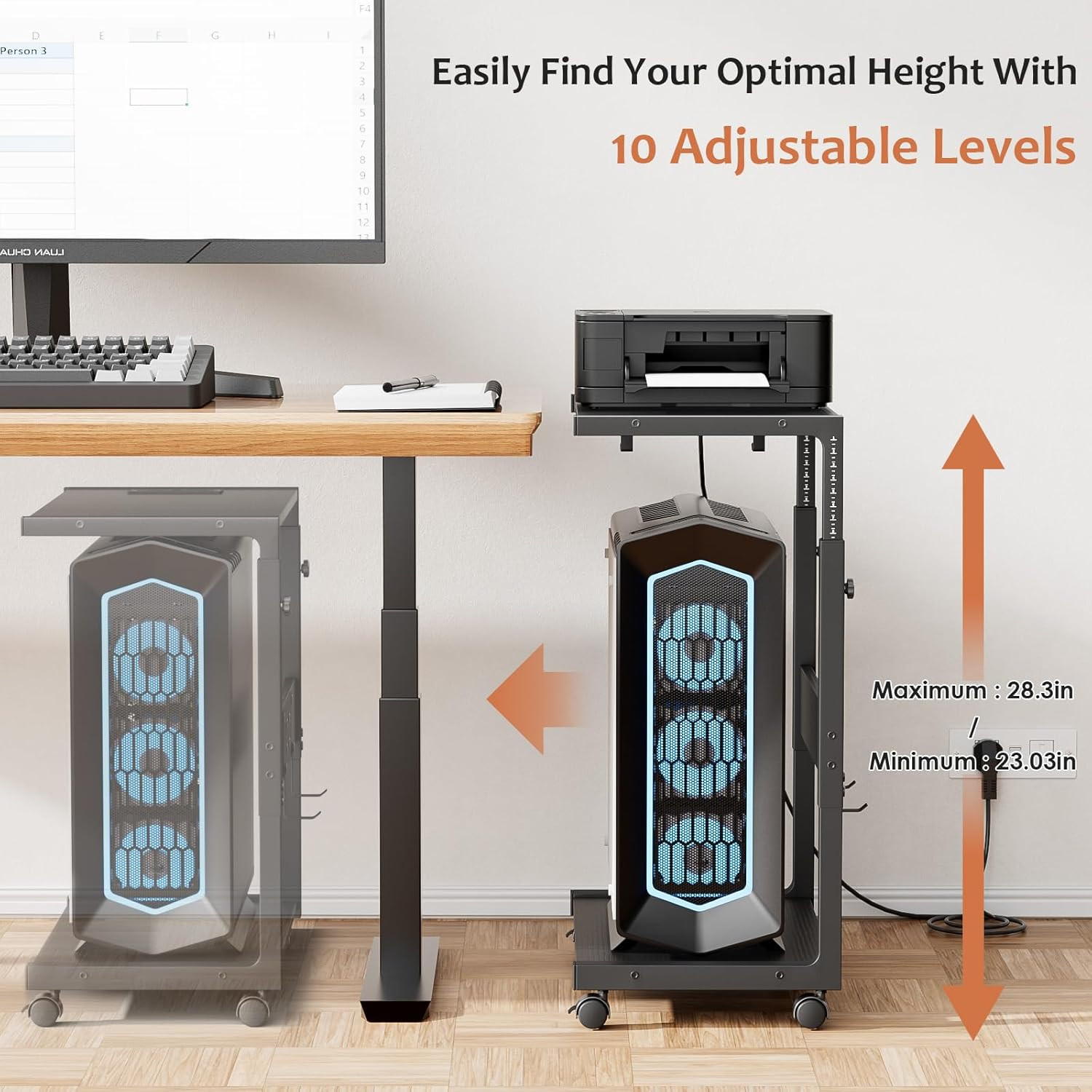 Computer Tower Stand - Adjustable PC Tower Stand CPU Holder Cart with Charging S
